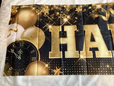 Banner Feliz Año Nuevo, 116 pulgadas de largo, 19 1/2 pulgadas de alto, dorado, negro, blanco Foto 1 de 4