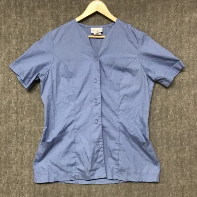 Peaches Scrub Top Womens Large Blue Short Sleeve Pocket Button Tie Shirt Uniform - Image 1 of 4