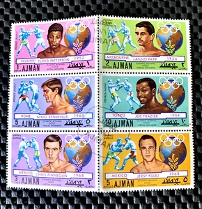 AJMAN BLOQUE DE 6 SELLOS GANADORES MEDALLA DE ORO BOXEO OLÍMPICO PATTERSON FRAZIER PAPP - Imagen 1 de 4