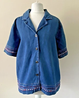 Ladies Denim Shirt Blouse Embroidered American Theme 16  18 — 第 1/4 张图片