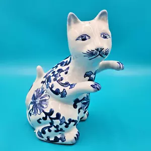 Porcelain Chinese blue white lucky Kitty cat figurine Vintage Decoration 8” - Picture 1 of 6