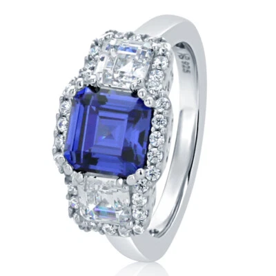 Anel de aniversário de casamento de prata esterlina 10 mm 2 quilates simulado tanzanita 3 pedras - Imagem 1 de 3