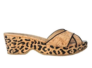 JIMMY CHOO 38 Panna Cork Crossover Strap Leopard Print Wedge Slides 7.5 - Picture 1 of 4