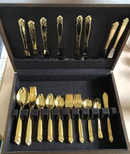 52-TEILIGES "EXCEL" JAPAN EDELSTAHL BESTECK GOLD ELEKTROPLATE SERVICE in Holzbox - Bild 1 von 24