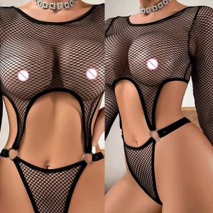 For Vacation Lingerie Bodysuit Mesh Hollow Out Vacation High Stretch Long Sleeve - Picture 1 of 18