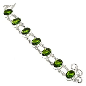 Green Peridot Gemstone Handmade 925 Sterling Silver Jewelry Bracelet Size 7-8" - Picture 1 of 1