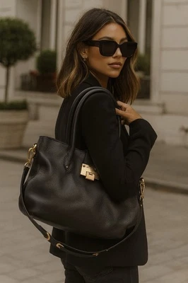 JIMMY CHOO Raina Black Pebbled Leather Satchel Tote Shoulder Bag - Image 1 of 4