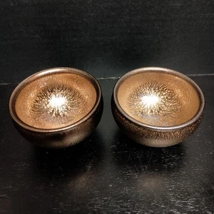 Paar Jianzhan Tenmoku Keramik Teeschalen Japan Metallic Öl Tropfglasur 4 Oz - Bild 1 von 11