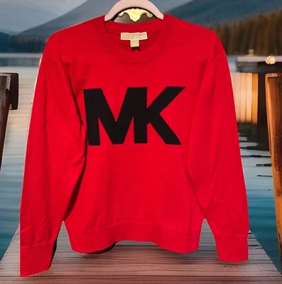 Novo com etiquetas Michael Kors Suéter Feminino Carmesim Manga Longa Logotipo Preto, Tamanho XS;S; Ret.$ 98. - Imagem 1 de 4
