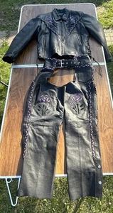 VTG Purple Rose Unik Leather Apparel Women's Biker Motorcycle Jacket And Chaps - Picture 1 of 19