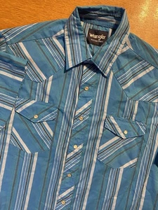 Wrangler Western Shirt LT Blue White Stripe Pearl Snap Cowboy Rodeo 76951PP Y2K - Picture 1 of 9