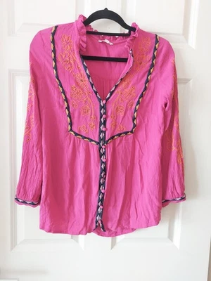 Monsoon  Pink Multi Embroidered Yolk V Neck 3/4  Sleeve Top - Size S - Image 1 of 4