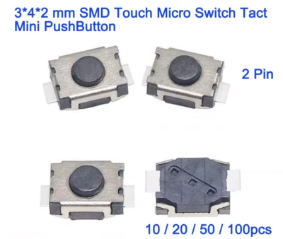 3*4*2mm 2 Pin SMD Micro Switch Tact Mini Push Button 3x4x2 10/20/50/100pcs - Image 1 of 3
