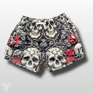 Skull and Roses Mesh Gym Shorts - 5 inch inseam shorts w Zipper Pockets - Picture 1 of 5