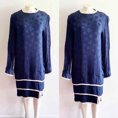 Vestido Stanley Platos Card Suit Seda Vintage Azul Marino Manga Larga Años 80 1980 Foto 1 de 4