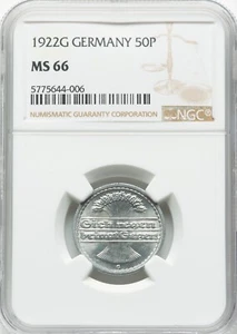Weimar - 1922-G 50 Pfennig - NGC MS66 - FINEST GRADED AT NGC - TOP POP! - Picture 1 of 2