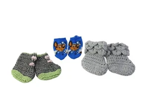 BABY BOOTIES CROCHETED NEWBORN REBORN 2 Pair Grey and 1 Pair Paw Patrol Socks - Picture 1 of 7