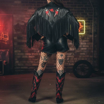 Chaqueta de cuero negra con bordado de rosa roja y flecos  Foto 1 de 4