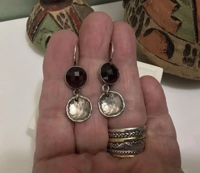 Silpada 925 Sterling Silver Faceted Garnet Hammered Disc Hook Earrings W1751 - Image 1 of 4