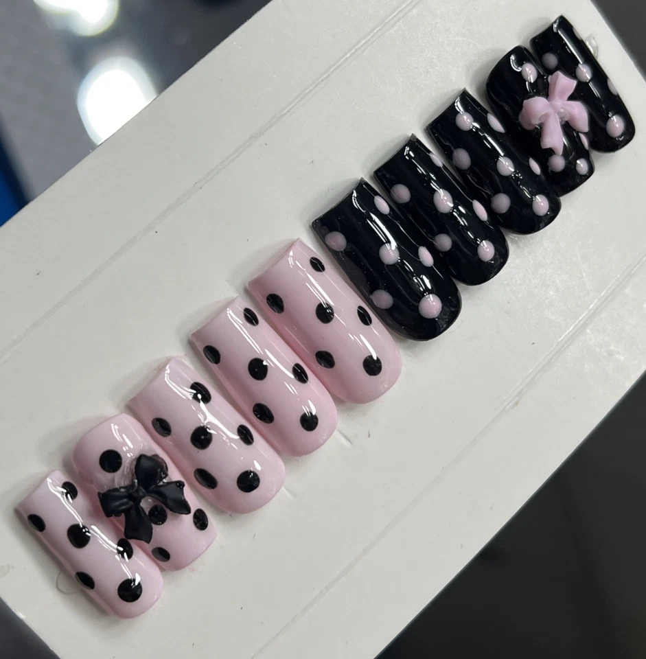 🌸 CUSTOM Press On Nails PINK BLACK POLKA DOTS  BOW 10p SET W Kit - Image 1 of 4