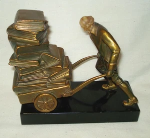 Vintage 1930er JB Hirsch Art Deco bronziertes Metall Marmor Gelehrter Buchwagen Buchstütze - Bild 1 von 7