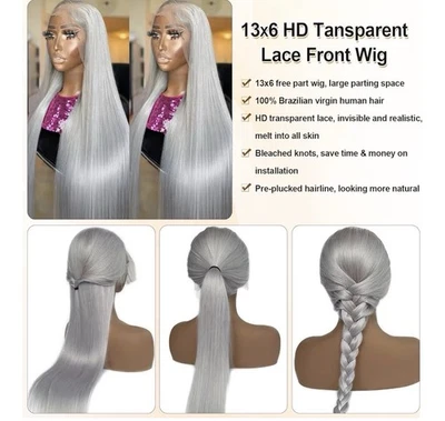 Peluca frontal de encaje de cabello humano gris 24” plateada HD Transp.  Encaje Frontal 180% Densidad Foto 1 de 4