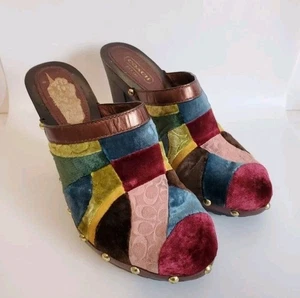 Coach Estelle Ergo Sz 9 Patchwork  Multicolor Velvet Clogs Studs 70s Hippie Boho - Picture 1 of 14