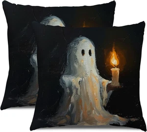 2er Set Halloween Kissenbezüge 18x18 Zoll Vintage Geist Kerze Dekor Hüllen - Bild 1 von 12