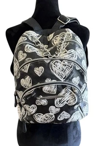 Betsey Johnson Triple Zip Backpack- Black Leather White Heart Graffiti Design - Picture 1 of 18