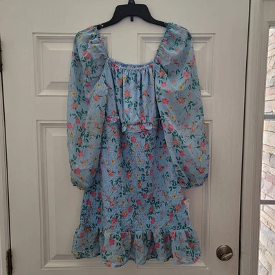 Tween Diva Girls Blue Floral Dress Size 16 Special Occasion Party Boho Smocking - Image 1 of 4
