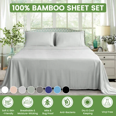 100% Bamboo Sheet Set Fitted Flat Sheet Pillow Cases Luxury Cooling Soft S/D/Q/K - image 1 of 4