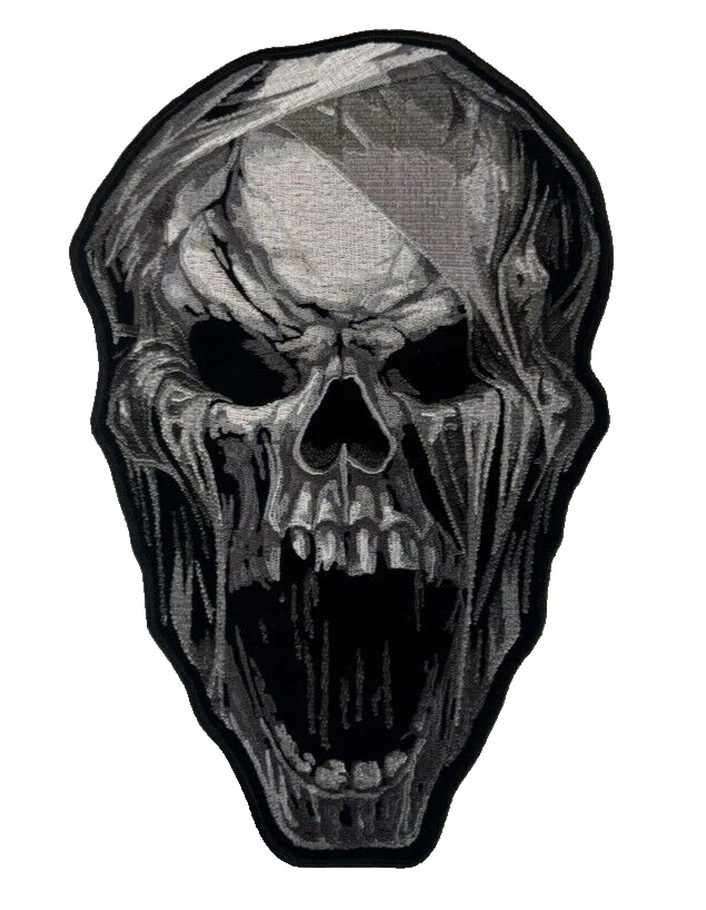PARCHE DE MOTOCICLISTA DE HIERRO GRANDE 10X6 PULGADAS CALAVERA MOMIA GRITANDO Foto 1 de 1