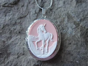 UNICORN CAMEO SILVER PLATED LOCKET- WHITE - PINK - QUALITY - PEGASUS - MAGICAL - Picture 1 of 4