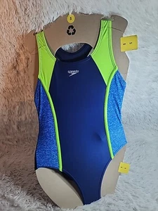 Speedo Swimsuit Girls Small 7/8 Racerback One Piece UPF 50+ Dark Blue Neon Green - Picture 1 of 2