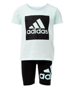 Adidas Little Girl's 6 Short Sleeve Shirt + Shorts Set Ice Mint/Black 2 Pc - Picture 1 of 2