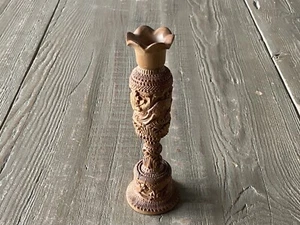 Vtg Hand Carved Wooden Flower Bud Vase Elephants Lions Home Garden Decor Art - Picture 1 of 11