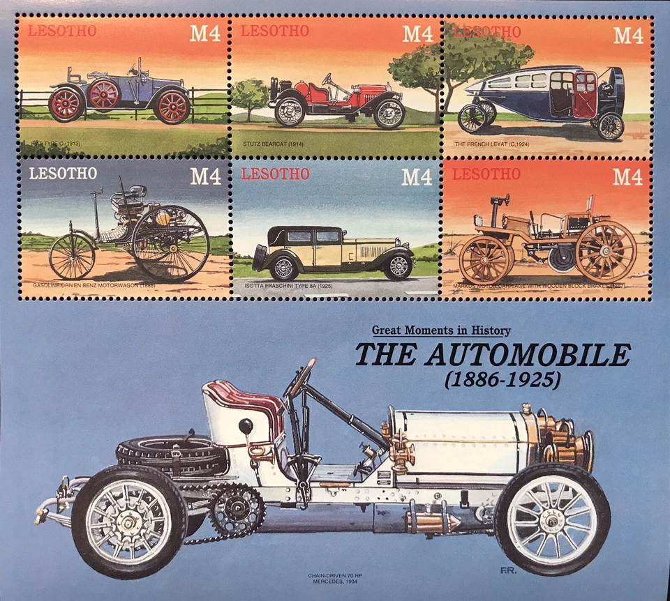 LESOTHO THE AUTOMOBILE STAMPS SHEET 2000 MNH VINTAGE CARS MERCEDES STUTZ BEARCAT - Image 1 of 1