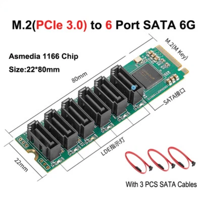 M.2 (PCIe 3.0) to 6 Ports SATA III 6G SSD Adapter Card PCIe Gen3x2 Non-RAID - Image 1 of 4