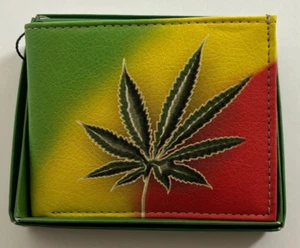Cartera de cuero para hombre con hoja de olla rasta de marihuana doble pliegue impresa en caja de regalo - Imagen 1 de 4