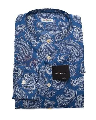 Kiton $1,095 NWT Blue Paisley Print Band Collar Cotton Shirt (44 eu) 17.5 US - Image 1 of 4