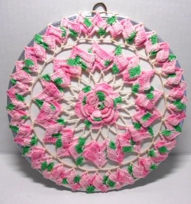 Antiguo 8 1/4" Crochet Cubierto Utilidad Hot Pad Variegate Rosa Blanco Tapete Trivet Foto 1 de 4