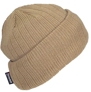 3M Thinsulate Large Thick Beanie Khaki Tan Cuffed Lined Ribbed Winter Cap Hat - Picture 1 of 3