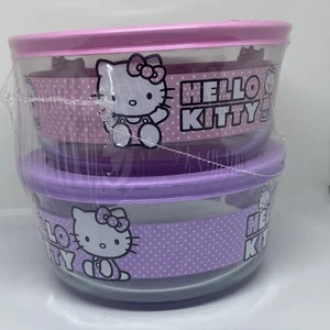 (2) Pyrex Sanrio Hello Kitty Glass Storage Containers 4 cup Pink & Lavender Lids - Picture 1 of 6