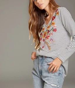 SAVANNA JANE Blouse Womens Medium Marigold Striped Colorful Embroidered Floral - Picture 1 of 14