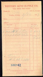 1929 WESTERN AUTO SUPPLY Douglas Arizona RECEIPT Invoice TIRE and TUBE SALE - Picture 1 of 2