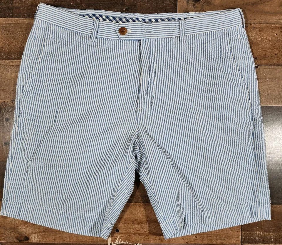 Pantalones Cortos Brooks Brothers Para Hombres Seersucker 36 Azul Blanco 9" Entrepierna Cremallera Foto 1 de 4