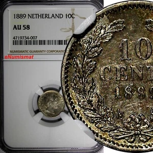 Netherlands William III Silver 1889 10 Cents NGC AU58 Light Toned KM# 80 (007) - Picture 1 of 4