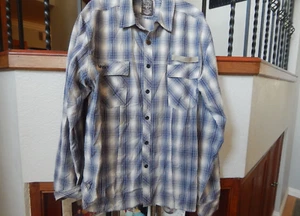 MONARCHY BLUE COTTON PLAID PATCHED LONG SLEEVE SHIRT, XXLARGE - Picture 1 of 9
