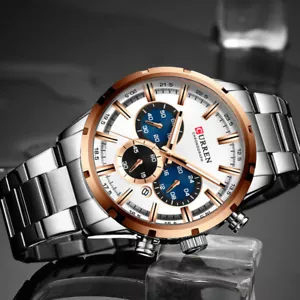 CURREN Men Watch Top Sports Quartz CHRONO DAY Mens Watches Full Steel Waterproof - Picture 1 of 17