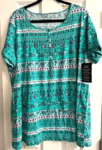 Woman Within Pintuck Henley Tunic Women Top Pretty Jade Green Patchwork 18/20 - Picture 1 of 3